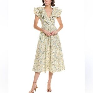 O.P.T. Yellow aqua mint Floral Ruffle Midi Dress Kelli size XL romantic flutter